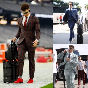 Patrick Mahomes’ Attention-Grabbing Outfit: The Distinctive BOSS Signature with a Camel-Shaded Suit and Pitch-Black Turtleneck